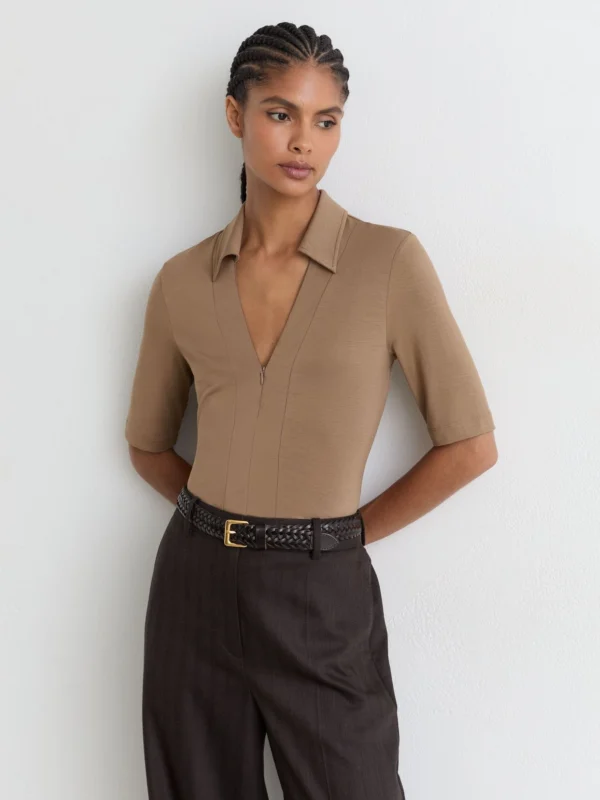 Reiss Denny Taupe Brown Jersey Half-zip Polo Top