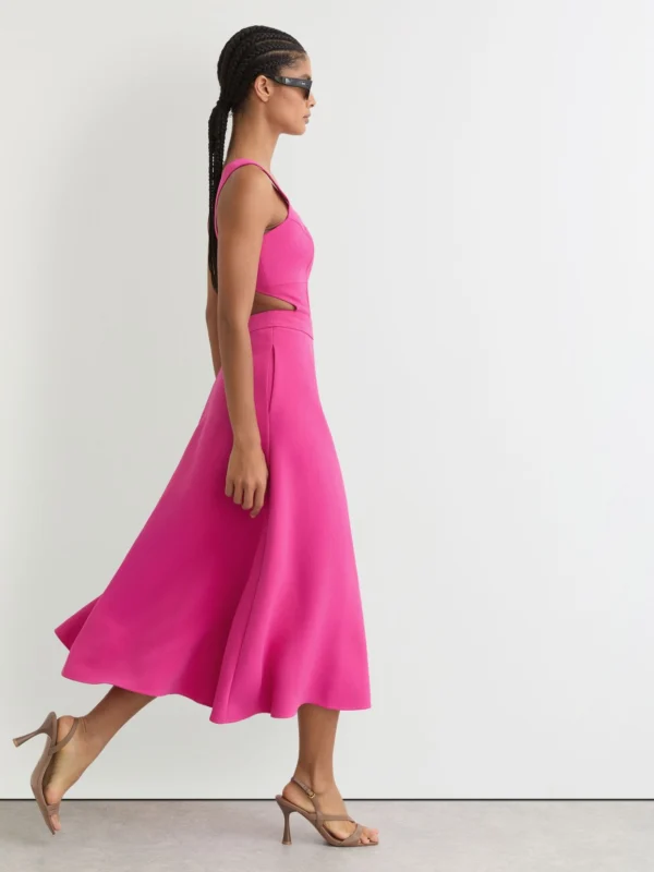 Reiss Dina Raspberry Pink Waisted Cut-out Twill Midi Dress