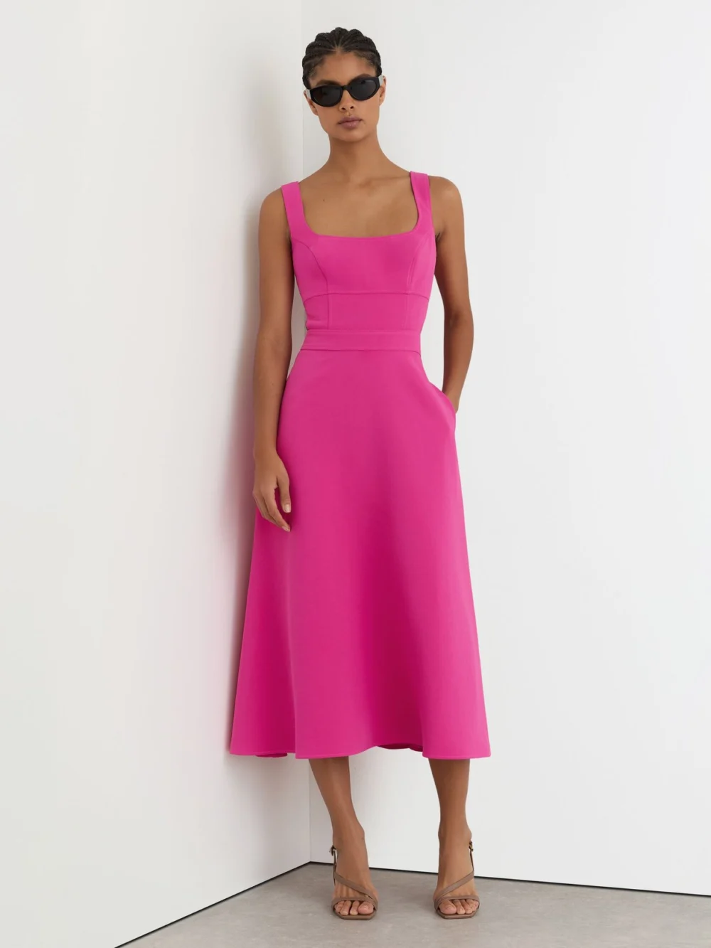 Reiss Dina Raspberry Pink Waisted Cut-out Twill Midi Dress, view 3