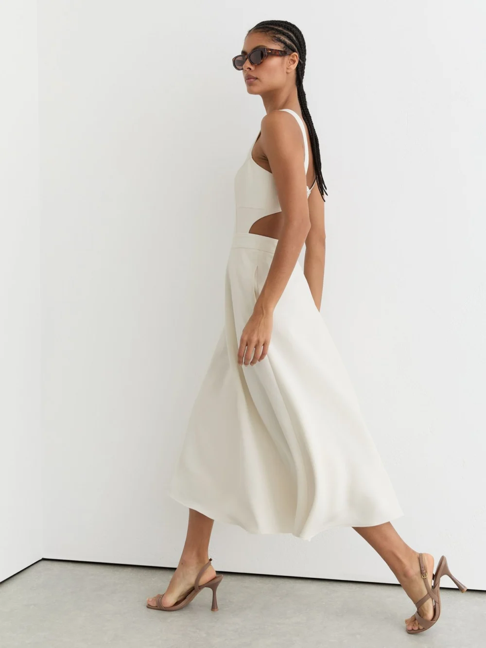 Reiss Dina Waisted Cut-out Twill Midi Dress, 12 in cream