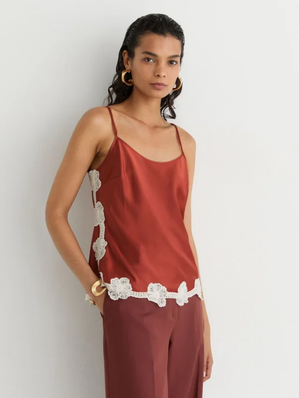 Reiss Doa Rust Orange Doa Satin Floral-lace Trim Cami Top, 8