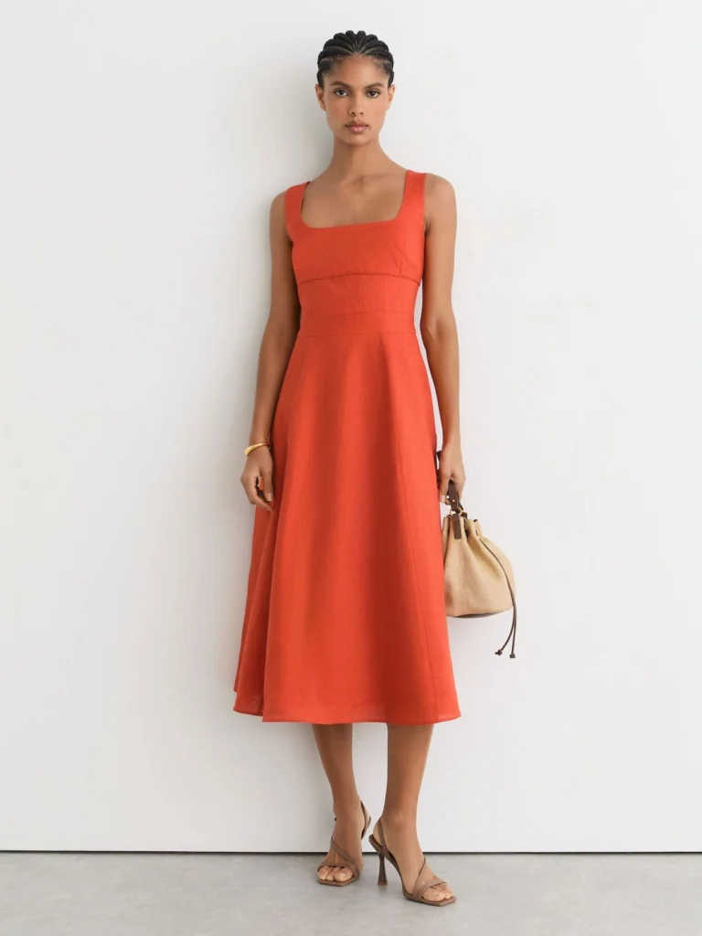 Reiss Dorethea Coral Orange Linen Square-neck Midi Dress