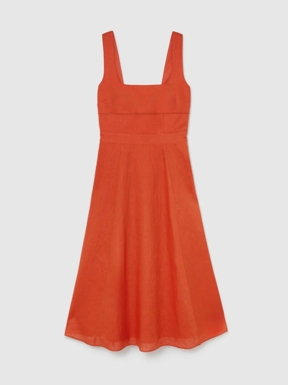 Reiss Dorethea Coral Orange Linen Square-neck Midi Dress, view 2