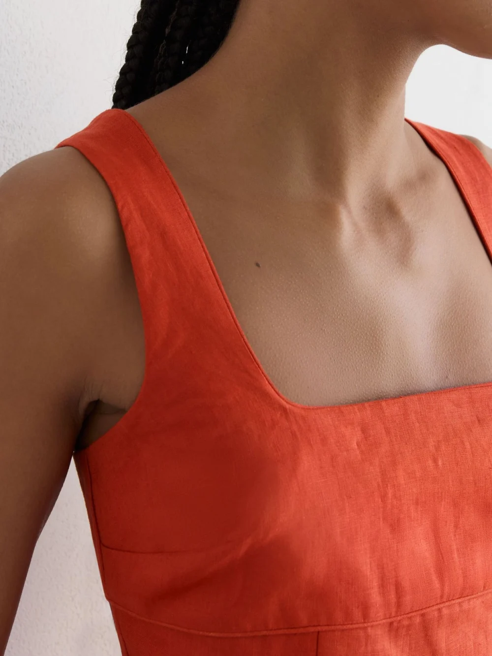 Reiss Dorethea Coral Orange Linen Square-neck Midi Dress, view 3