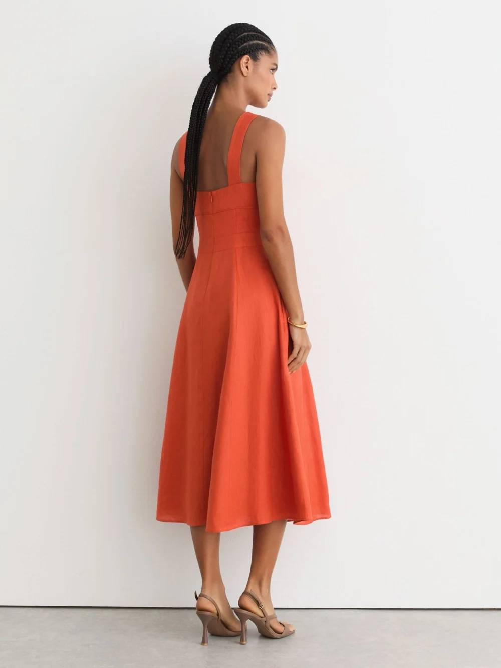 Reiss Dorethea Coral Orange Linen Square-neck Midi Dress, view 4