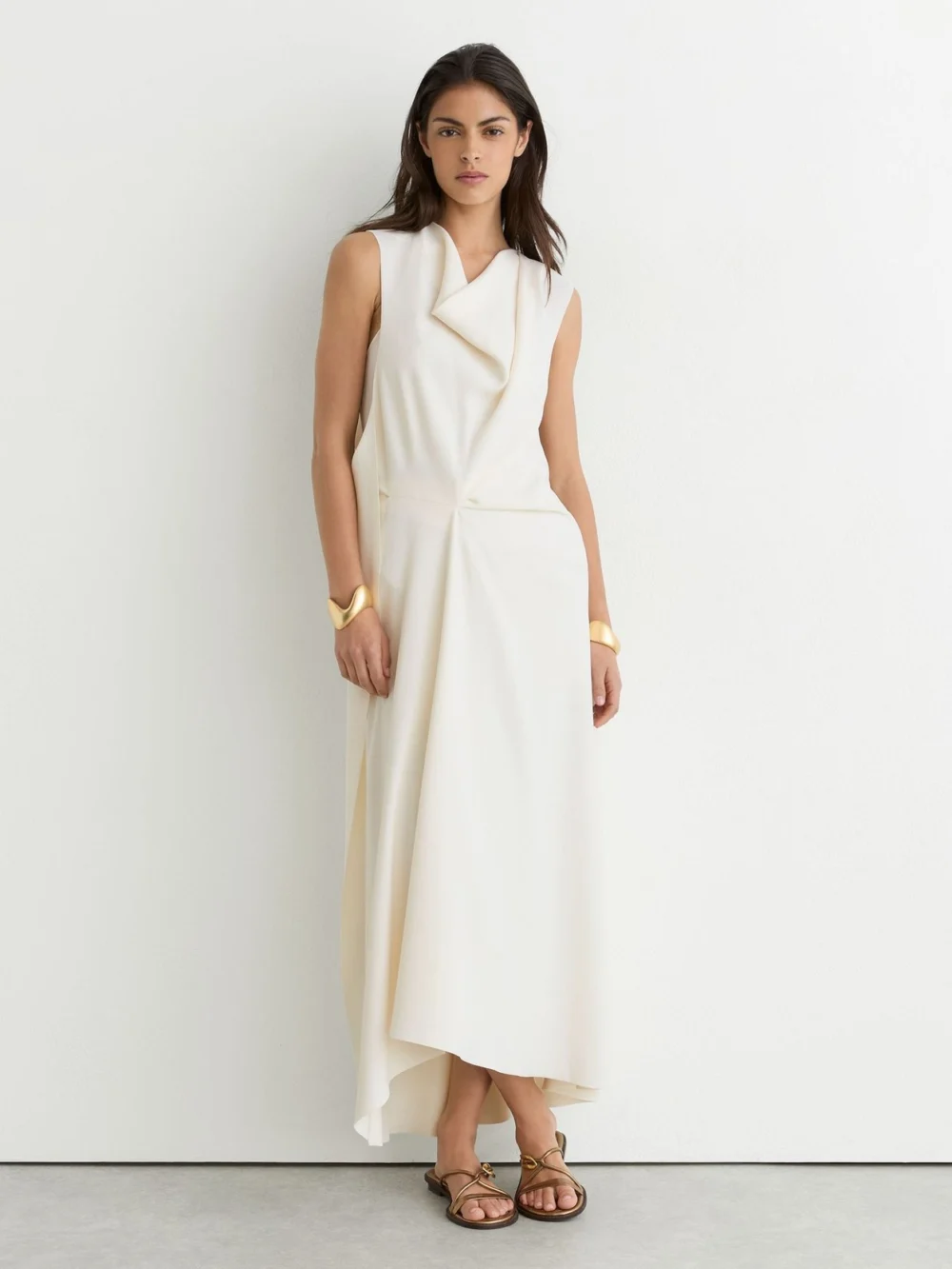 Reiss Drape-detail Sleeveless Midi Dress in ivory