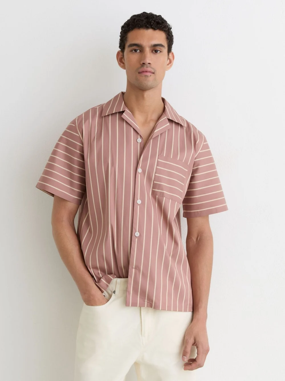 Reiss Dusty Pink Cotton-blend Stripe Cuban-collar Shirt