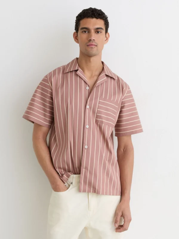 Reiss Dusty Pink Cotton-blend Stripe Cuban-collar Shirt