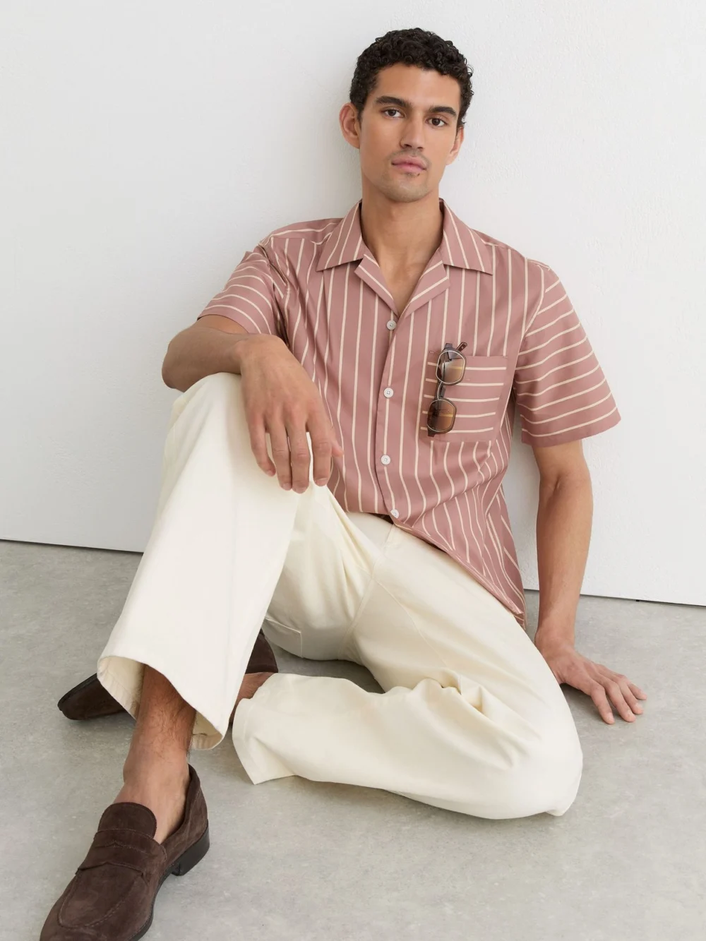 Reiss Dusty Pink Cotton-blend Stripe Cuban-collar Shirt, view 3