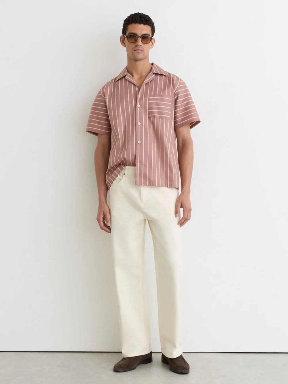 Reiss Dusty Pink Cotton-blend Stripe Cuban-collar Shirt, view 4