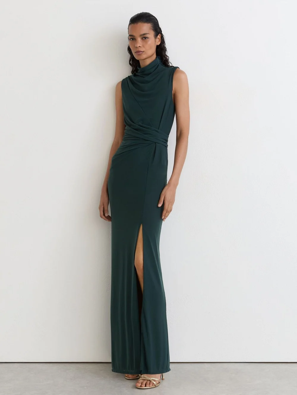 Reiss Dylan Women's Teal Green Petite Draped-detail Sleeveless Maxi Dress, view 4