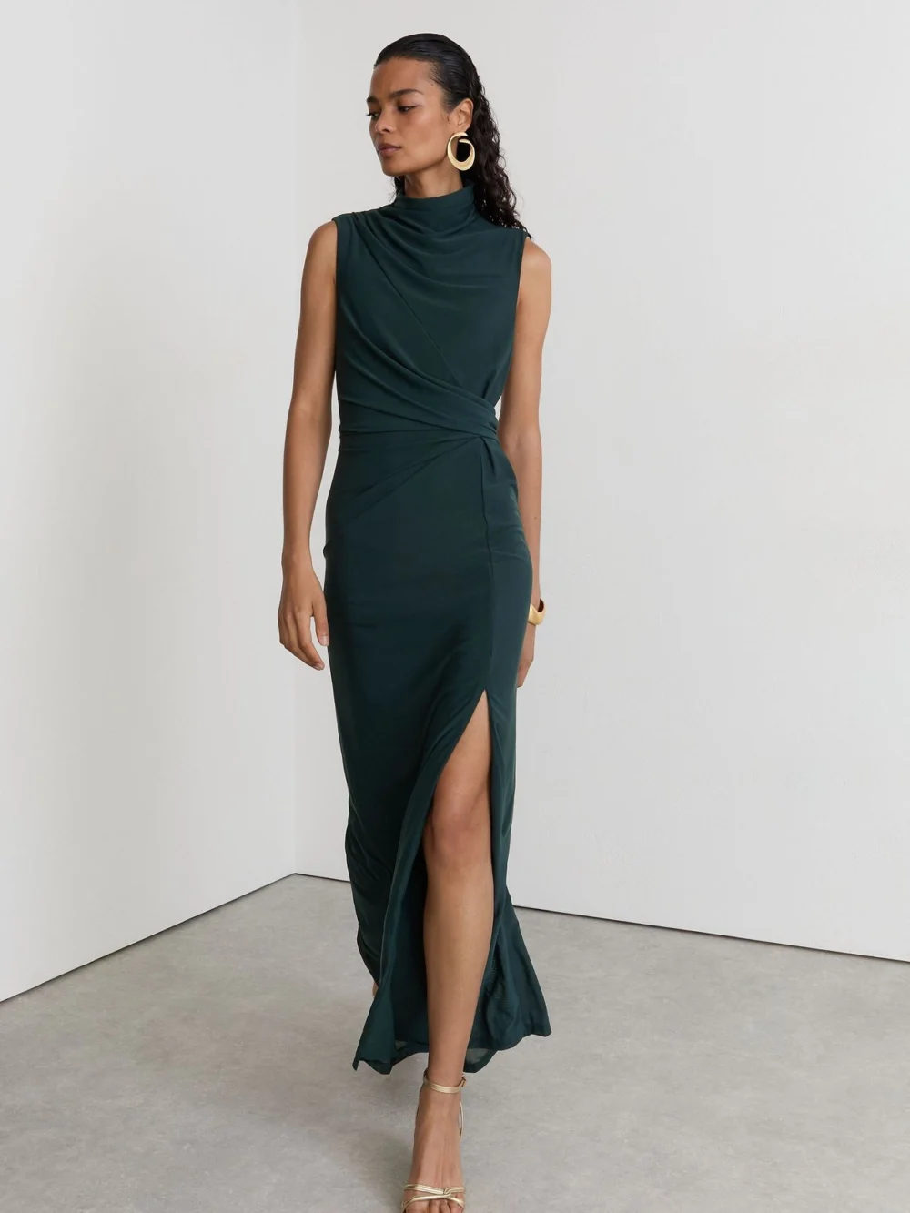 Reiss Dylan Women's Teal Green Petite Draped-detail Sleeveless Maxi Dress, view 5