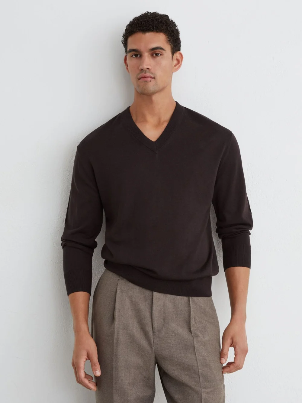 Reiss Earlsfield Men's Bitter Brown Merino Wool V-neck Jumper