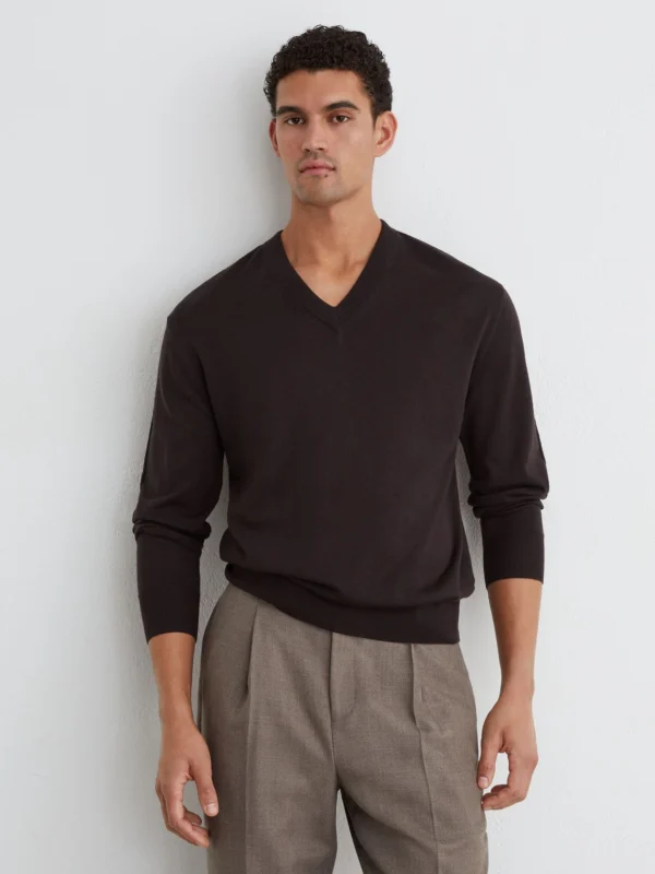 Reiss Earlsfield Men's Bitter Brown Merino Wool V-neck Jumper