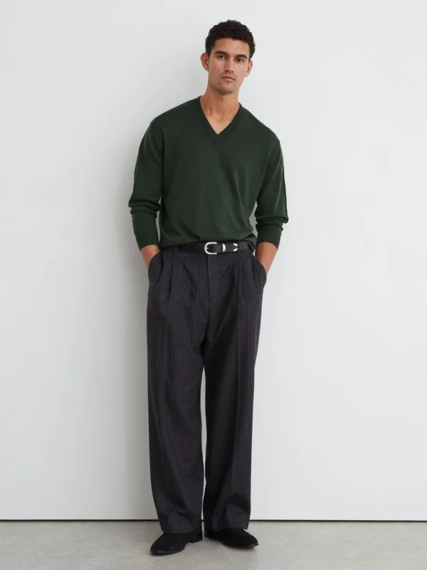 Reiss Earlsfield Men's Dark Green Merino Wool V-neck Jumper