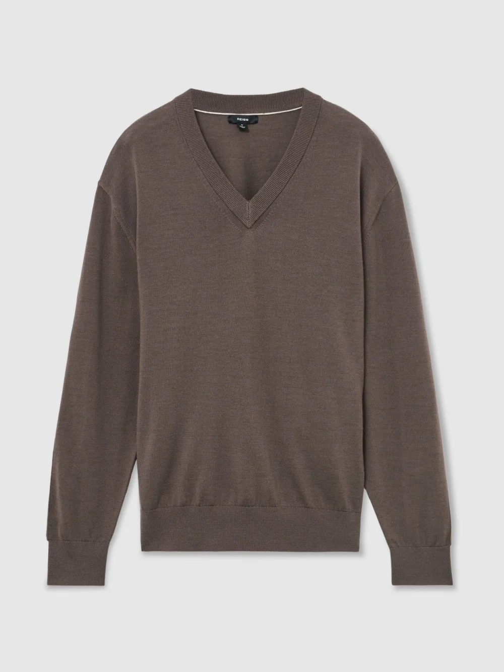 Reiss Earlsfield Men's Ridge Brown Merino Wool V-neck Jumper, view 2