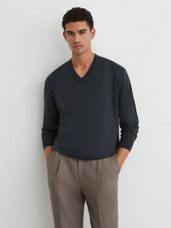Reiss Earlsfield Men's Vulcan Grey Merino Wool V-neck Jumper