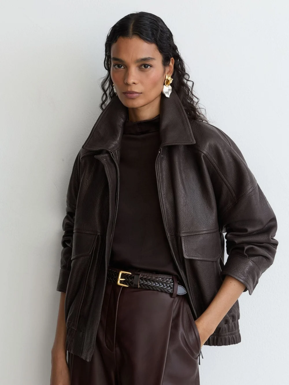 Reiss Ebony Brown Leather Twin-pocket Relaxed Jacket, view 5