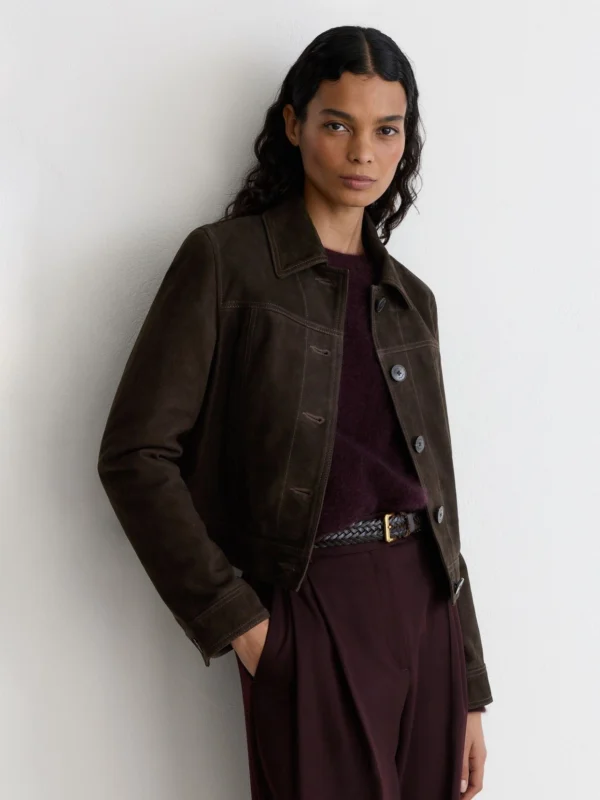 Reiss Ebony Brown Suede Trucker Jacket