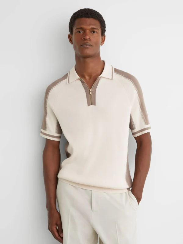 Reiss Ecru & Taupe Colour-block Half-zip Knitted Polo Shirt
