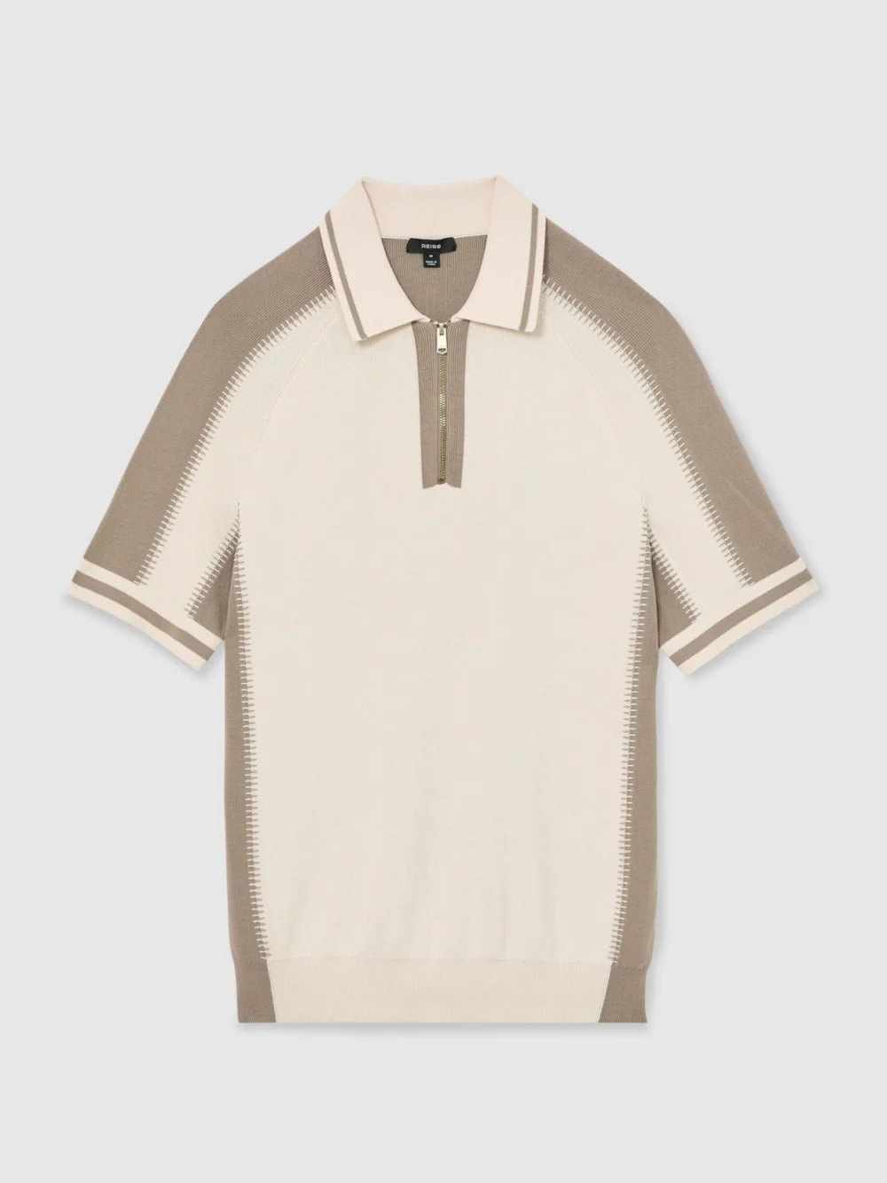 Reiss Ecru & Taupe Colour-block Half-zip Knitted Polo Shirt, view 2