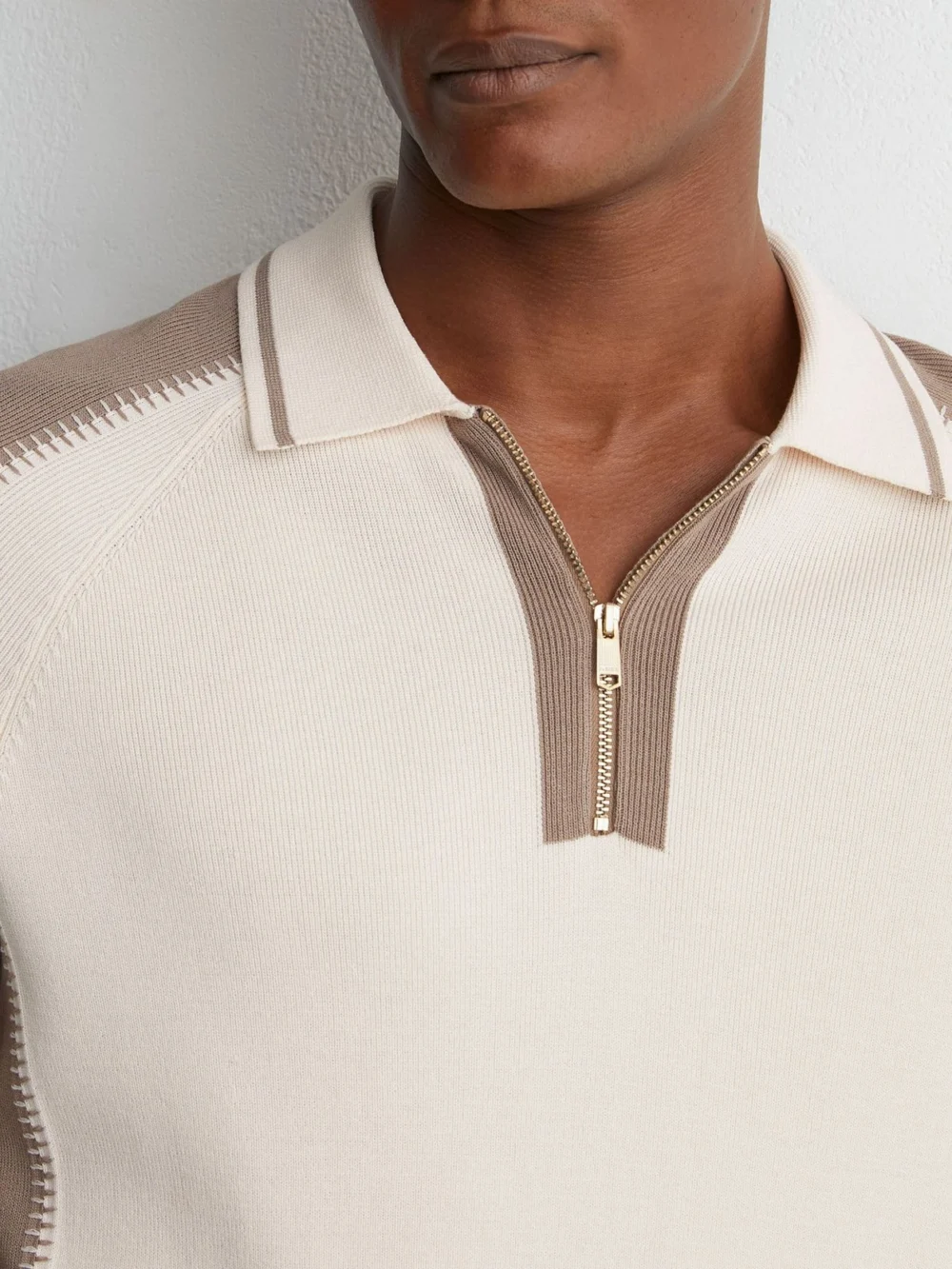 Reiss Ecru & Taupe Colour-block Half-zip Knitted Polo Shirt, view 3