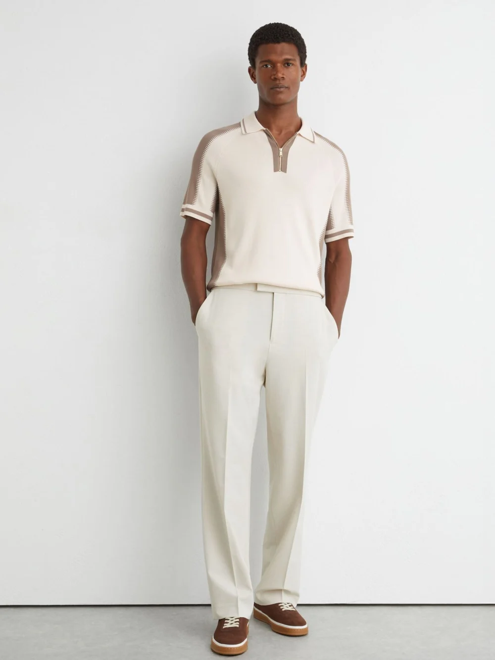 Reiss Ecru & Taupe Colour-block Half-zip Knitted Polo Shirt, view 4