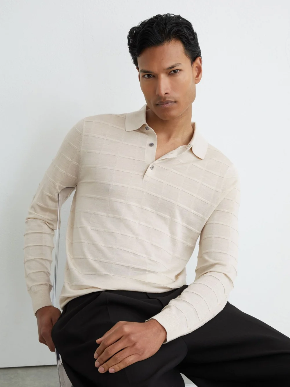 Reiss Ecru Check-texture Long-sleeve Polo Jumper with Wool