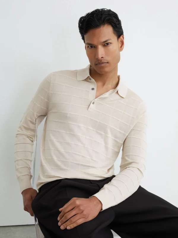 Reiss Ecru Check-texture Long-sleeve Polo Jumper with Wool