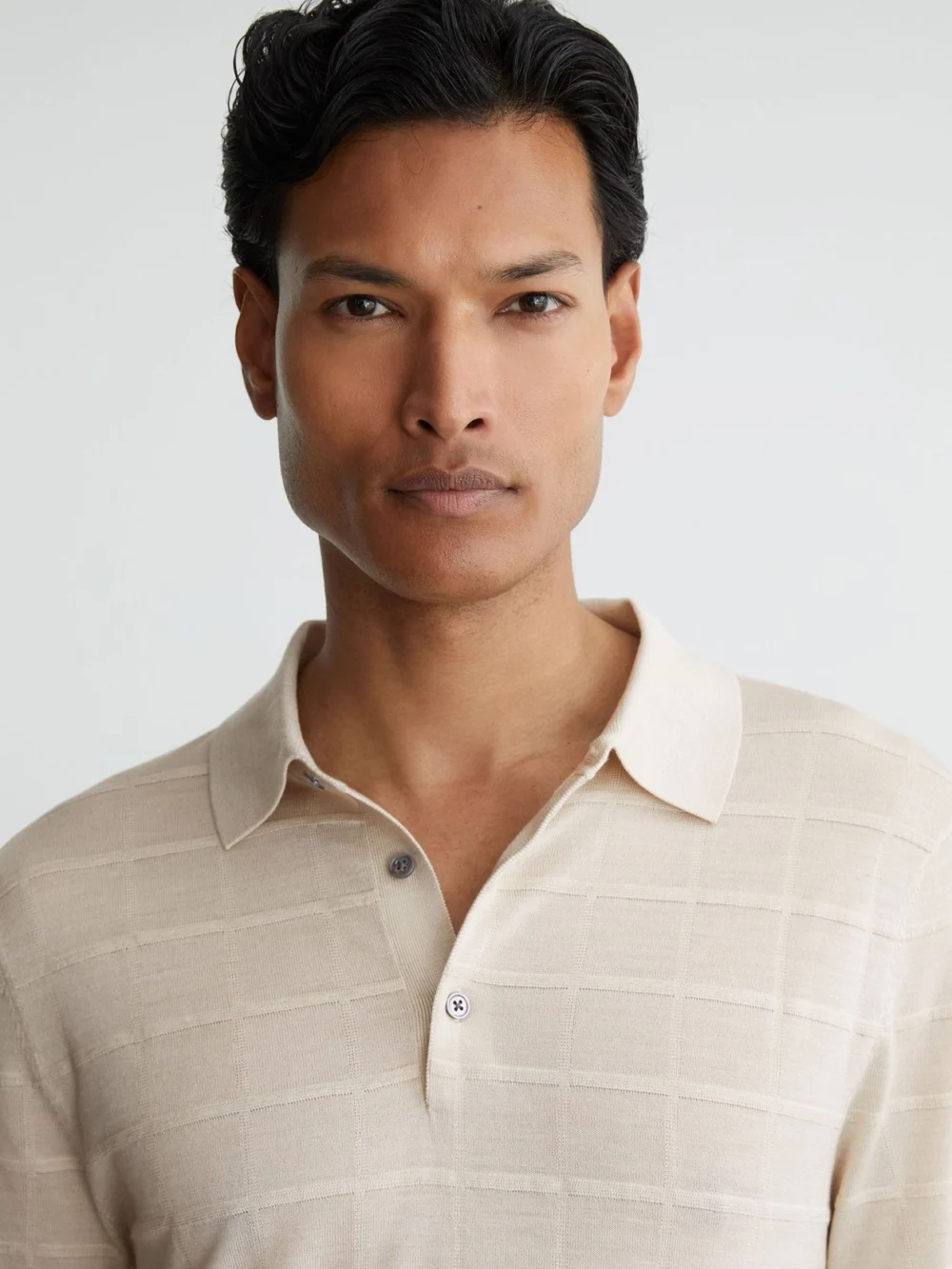 Reiss Ecru Check-texture Long-sleeve Polo Jumper with Wool, view 3
