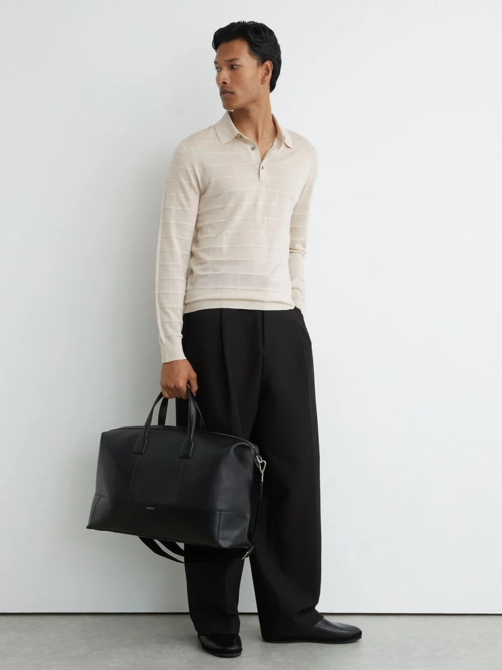 Reiss Ecru Check-texture Long-sleeve Polo Jumper with Wool, view 4