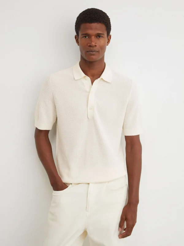 Reiss Ecru Cotton-blend Basket-stitch Polo Shirt