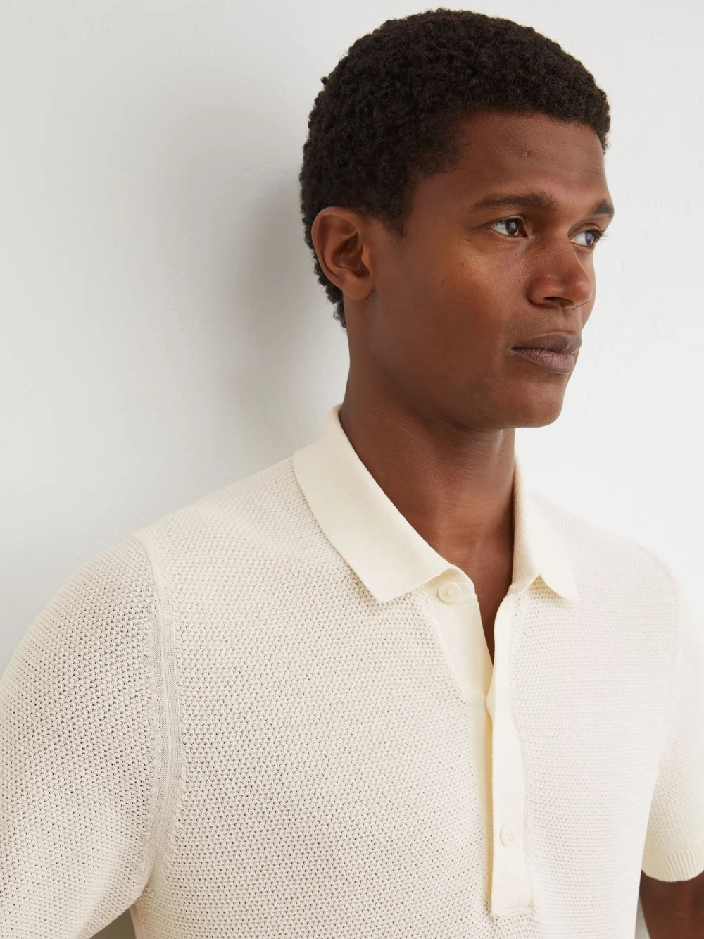 Reiss Ecru Cotton-blend Basket-stitch Polo Shirt, view 3
