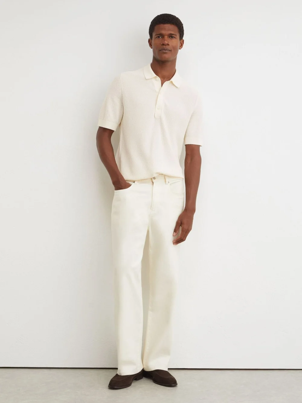 Reiss Ecru Cotton-blend Basket-stitch Polo Shirt, view 4