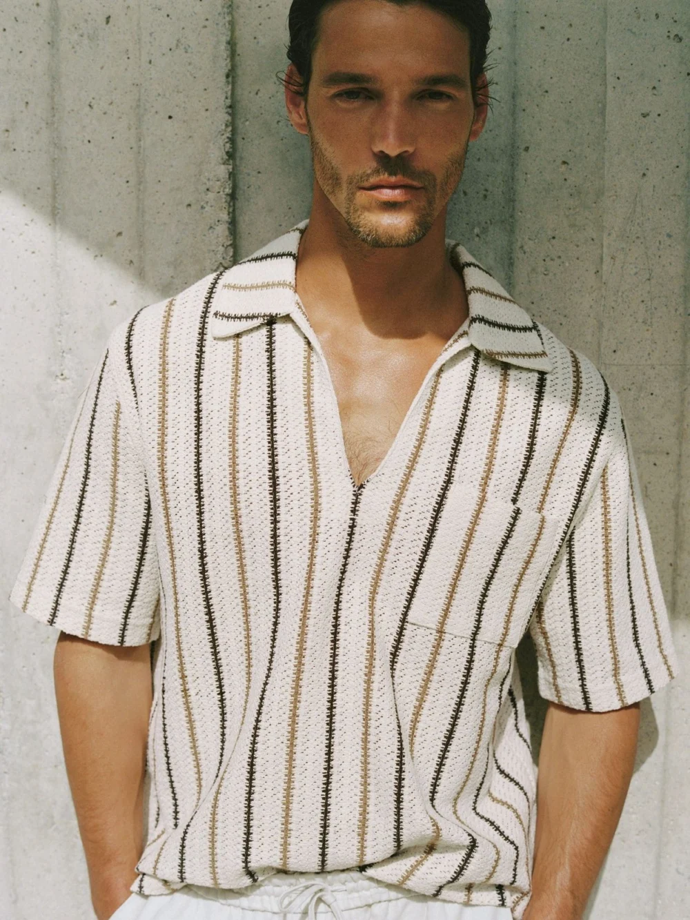 Reiss Ecru Crochet Stripe Overhead Shirt