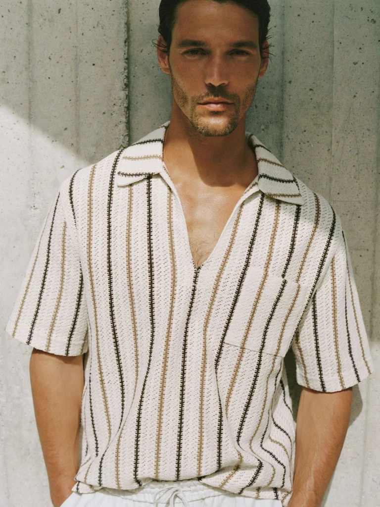 Reiss Ecru Crochet Stripe Overhead Shirt