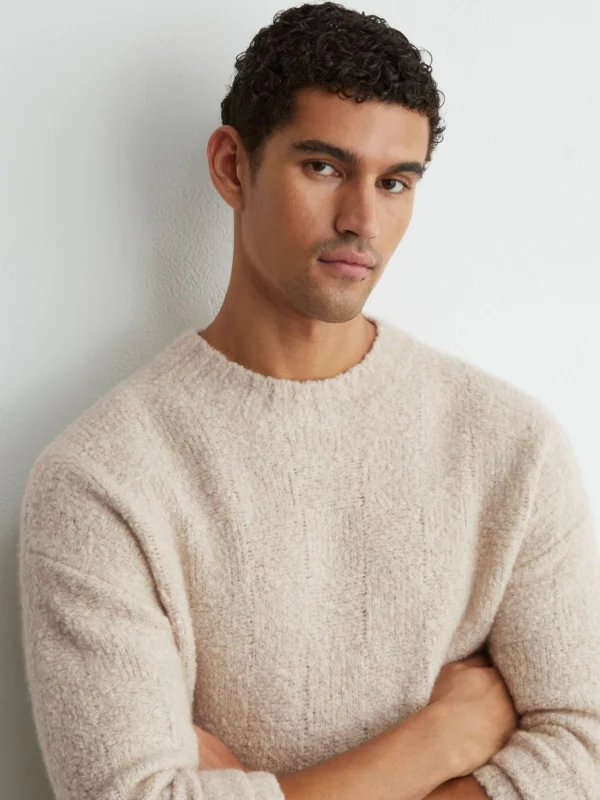 Reiss Ecru Wool-cashmere Bouclé Square-knit Jumper