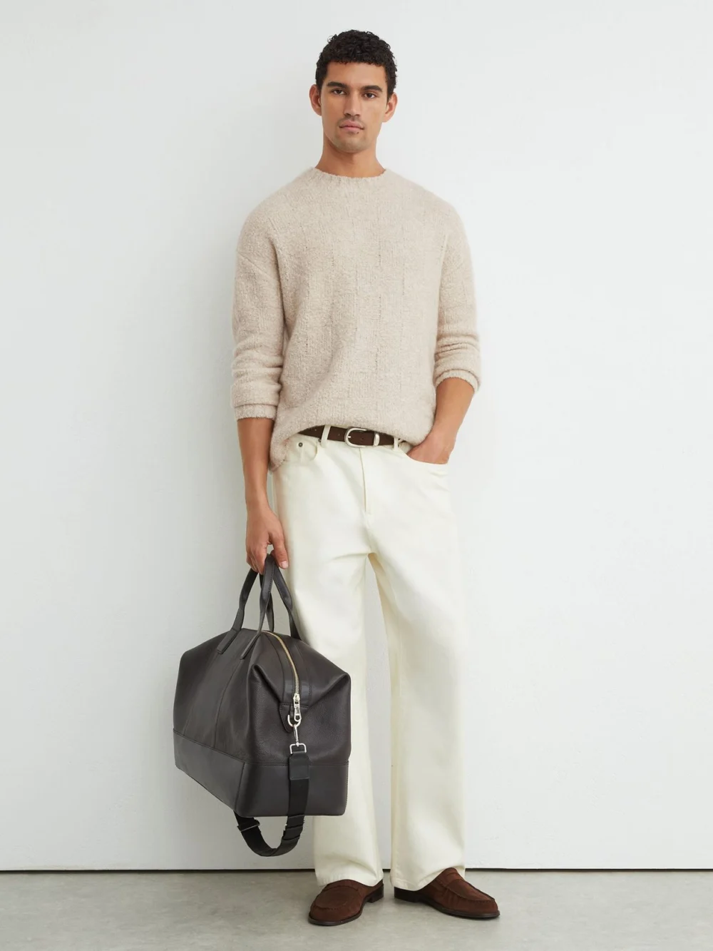 Reiss Ecru Wool-cashmere Bouclé Square-knit Jumper, view 3
