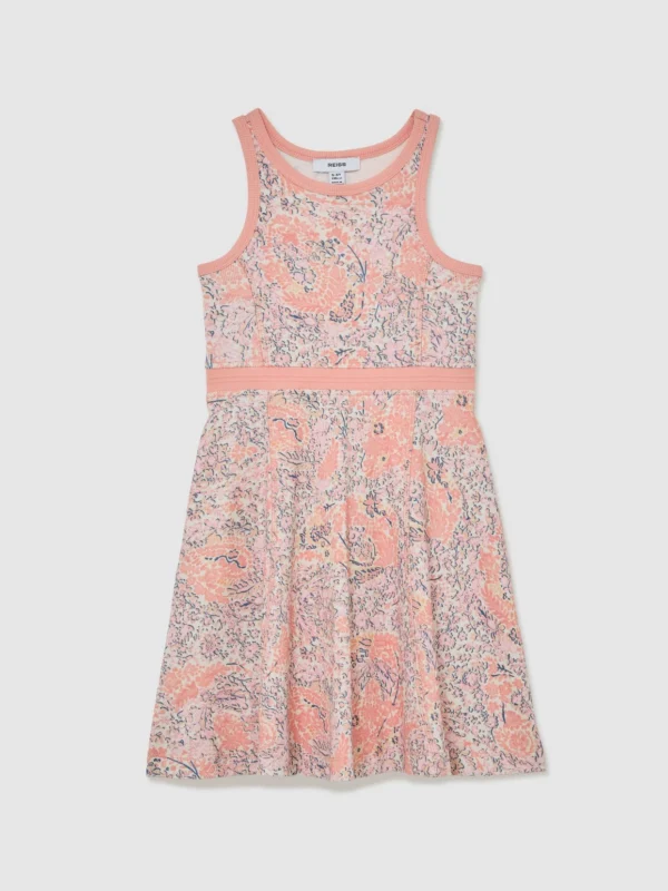 Reiss Eden Multi 13-14 yrs Stretch-cotton Floral Sleeveless Dress, Years, Coral & Blue,