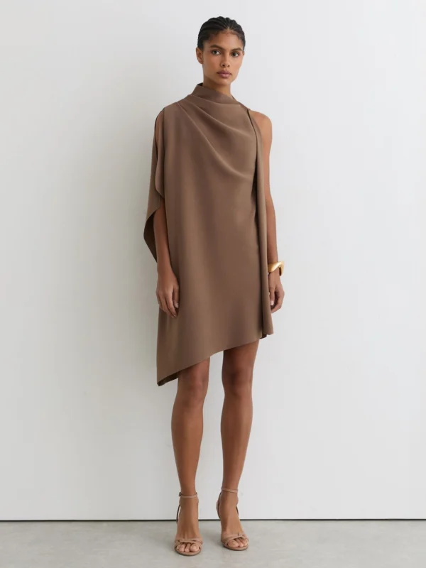 Reiss Ellery Taupe Brown One-shoulder Draped Mini Dress