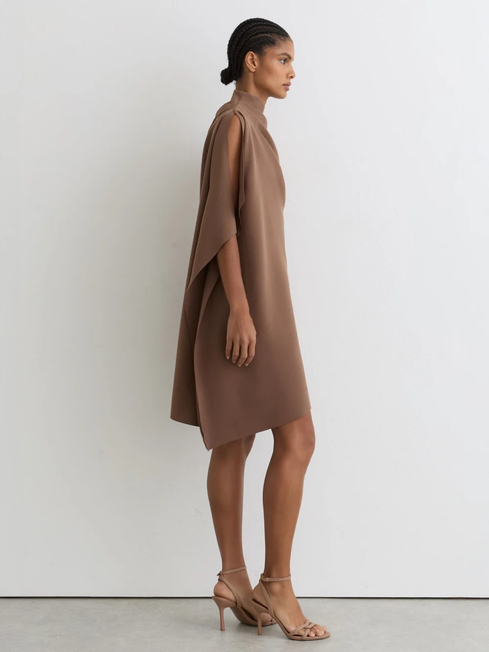 Reiss Ellery Taupe Brown One-shoulder Draped Mini Dress, view 4
