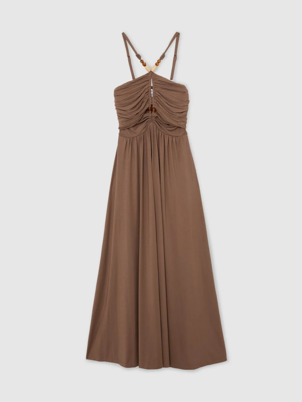 Reiss Eloise Taupe Brown Jersey Bead-detail Ruched Maxi Dress, view 2