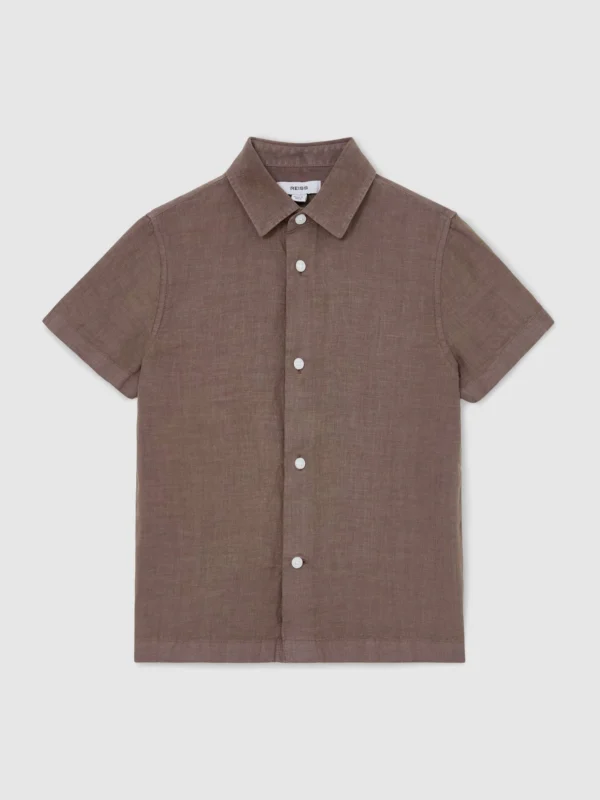 Reiss Espresso Brown 3-9 yrs Linen Short-sleeve Button-through Shirt