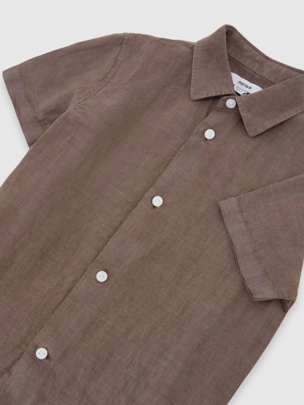 Reiss Espresso Brown 3-9 yrs Linen Short-sleeve Button-through Shirt, view 3