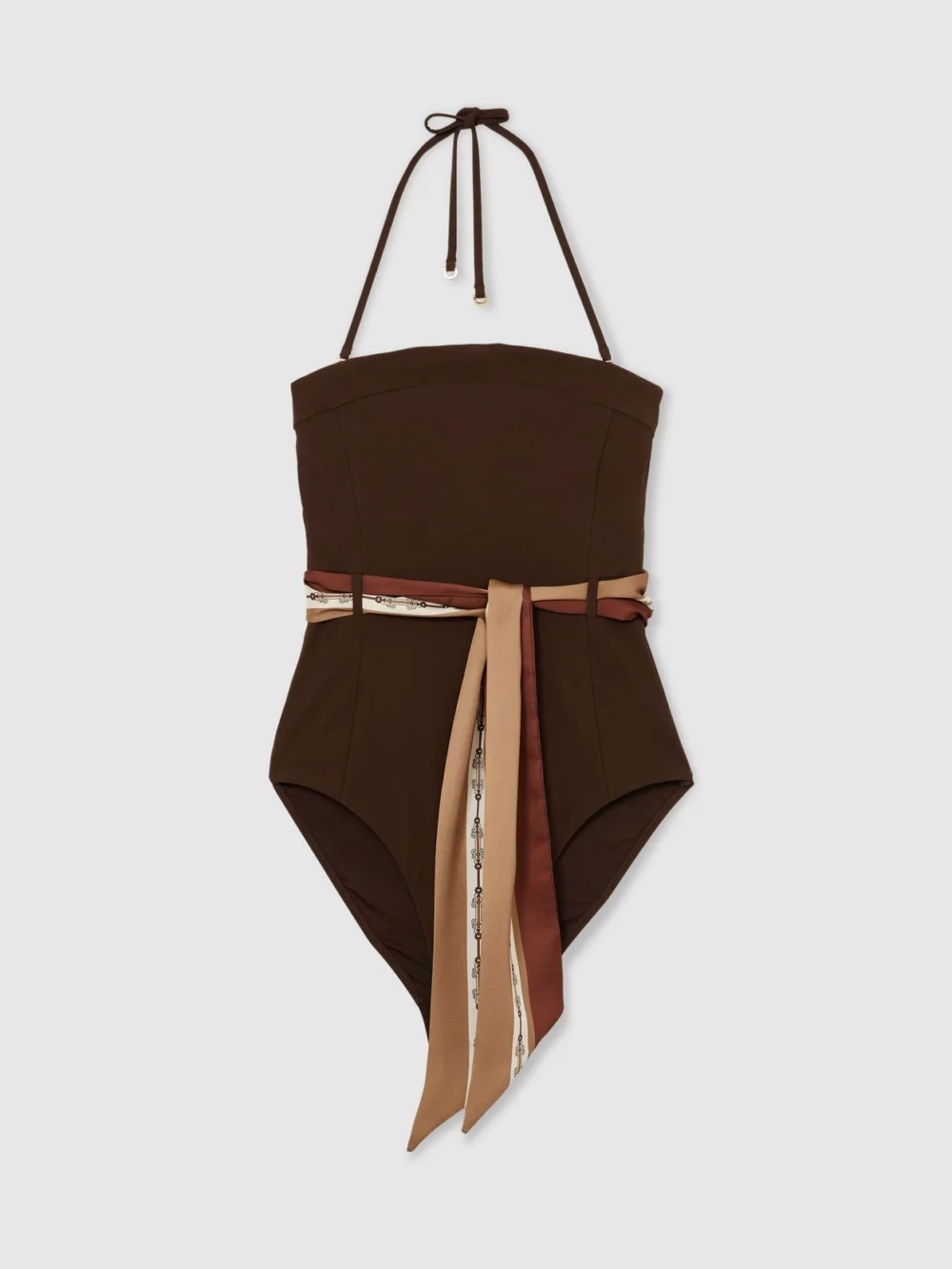 Reiss Etienne Chocolate Brown Bandeau Scarf-tie Swimsuit, 8, view 2