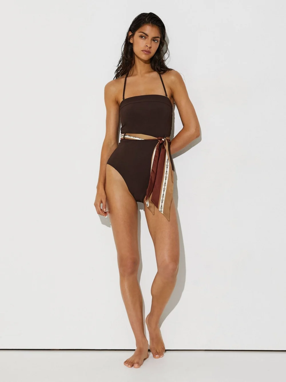 Reiss Etienne Chocolate Brown Bandeau Scarf-tie Swimsuit, 8, view 3