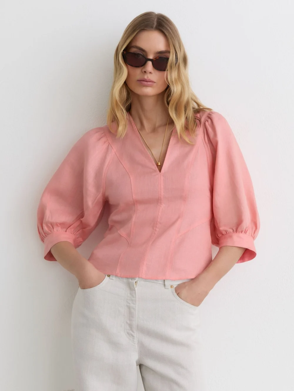 Reiss Evie Women's Coral Pink Linen Balloon-sleeve Top