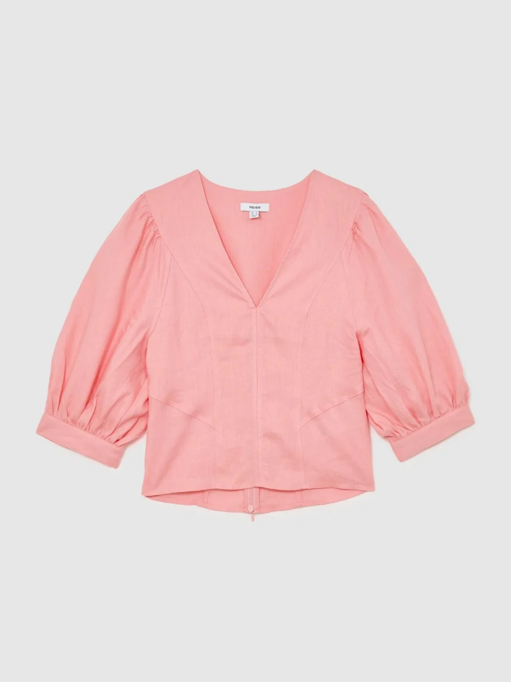 Reiss Evie Women's Coral Pink Linen Balloon-sleeve Top, view 2