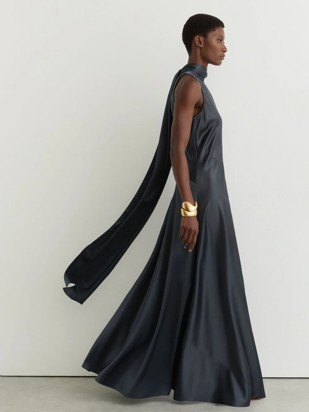 Reiss Fae Grey Fae Petite Satin Cape Maxi Dress, 12, view 4