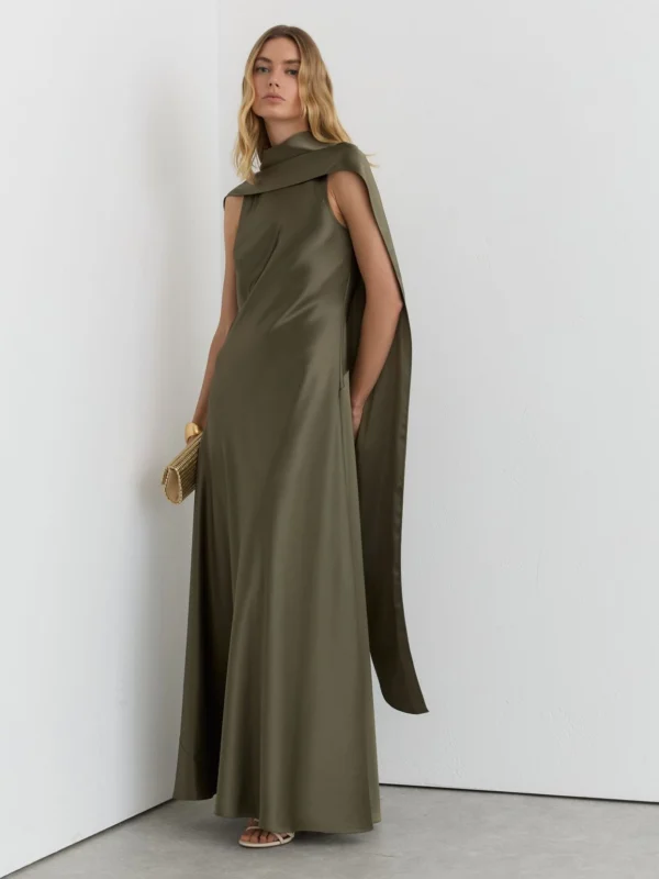 Reiss Fae Khaki Green Fae Petite Satin Cape Maxi Dress